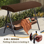 3 in 1 Outdoor Porch Swing with Canopy, 3 Seat Outdoor Swing for Adults, Patio Swing Chair with Thickened Cushions,Pillows & Cup Holders for Backyard, Porch, Garden (Brown)