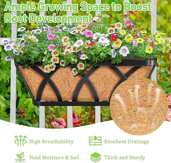 Riare 2 Pack 16 Inch Metal Railing Planter Window Box with Coco Liner- Adjustable Window Flower Boxes for Railings, Hanging Rail Planters for Deck, Balcony, Porch, Fence, Indoor Outdoor Plants