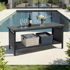VINGLI Outdoor Wicker CoffeeTable Patio Coffee Tables for Outside, Tempered Glass Top Wicker Table with Storage Coffee Table for Patio Balcony Porch Deck (Black)