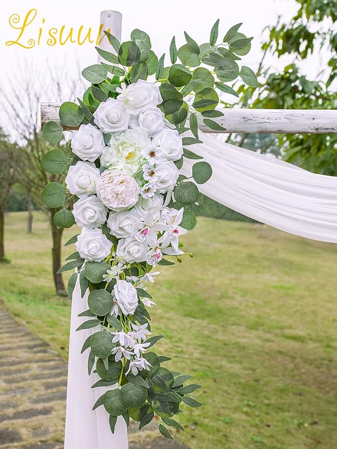 Artificial Flowers Wedding Arch Swag, White Silk Peony and Rose Set