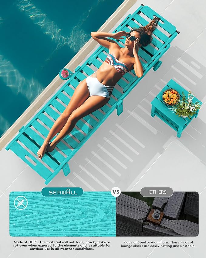 SERWALL Outdoor Chaise Lounge Set of 4, 78" Patio Lounge Chair with 5 Positions Adjustable Backrest, HDPE Lounger with Rolling Wheels & Cup Holder for Poolside, Beach, Garden, Aruba