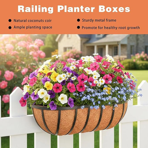 2 Pack 16" Railing Planter Window Box with Coco Fiber Liner Horse Trough Planter The Railing Planter Boxes for Deck Porch Fence Outdoor