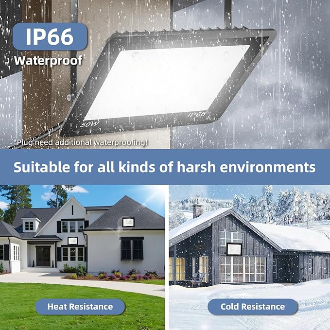 50W Flood Lights Outdoor,7000LM Bright LED Work Light,IP66 Waterproof Outside Lights for Yard with Switch and 6.5FT Plug,6500K Daylight White Outdoor Yard Light for Garage,Garden,Stadium(2 Pack)