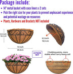 LaLaGreen Large Wall Planter Outdoor - 2 Pack, 14 Inch Large Fence Hanging Flower Baskets with Coco Liner, Herb Pots Holder Rail Planter Outside Railing Deck Porch Balcony Vertical Garden Privacy Wall