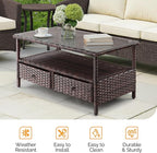 VINGLI Outdoor Wicker Coffee Table with 2 Drawers & Tempered Glass Top, Patio Coffee Table Outdoor Table for Balcony, Porch, Deck