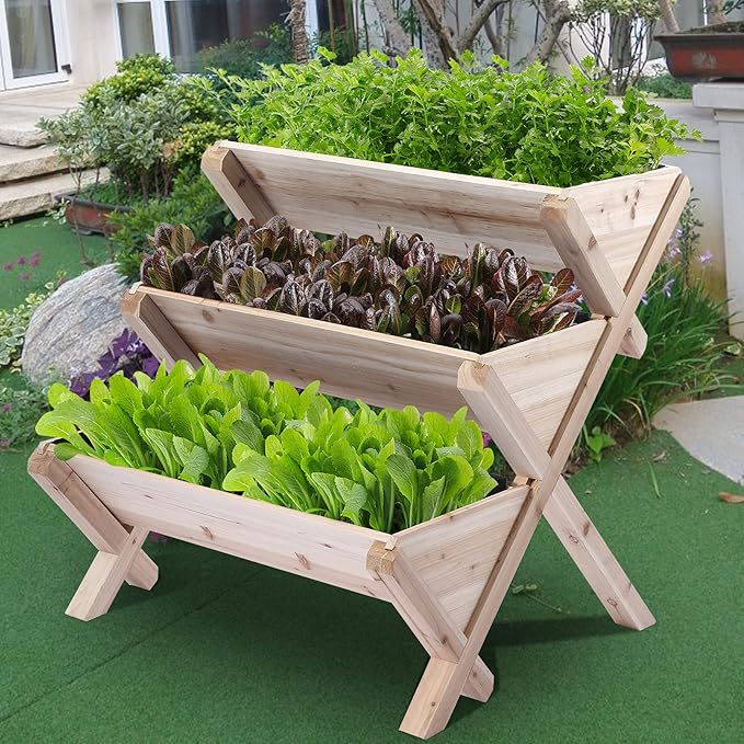 Raised Garden Bed, 3-Tier Vertical Wooden Planter with Legs, Beige