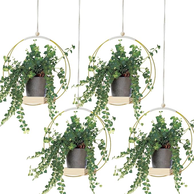 Geelin 4 Pack Plant Hanger with Wood Base Hanging Window Planter Boho Macrame Hanging Potted Plant Holders for Indoor Outdoor Window Wall Ceiling Home Decoration, Pot & Sapling Not Included(Gold)