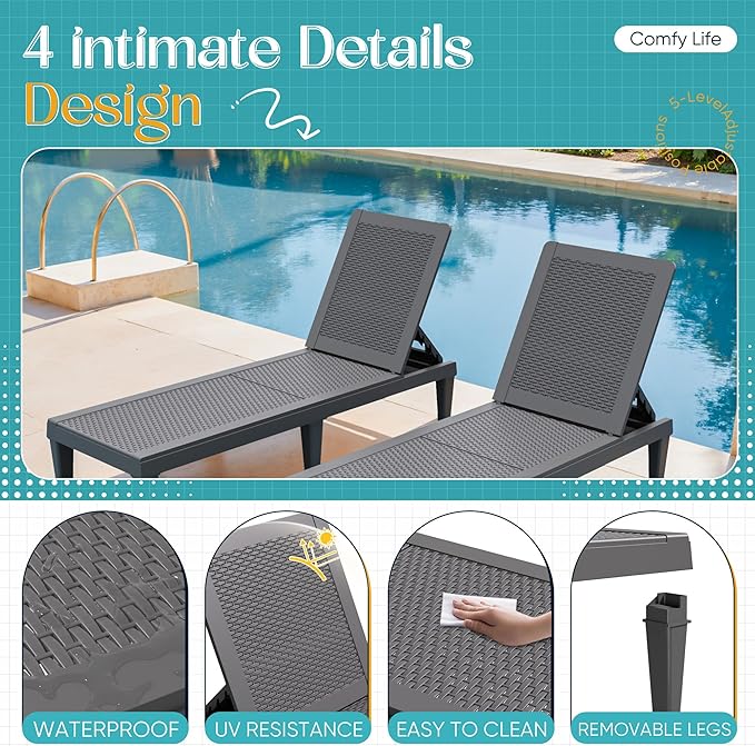 Greesum Outdoor Chaise Lounge Chairs Set of 4 with 5-Position Adjustable Backrest, Waterproof PP Sun Loungers for Garden Pool Beach Patio Deck Sunbathing, Grey