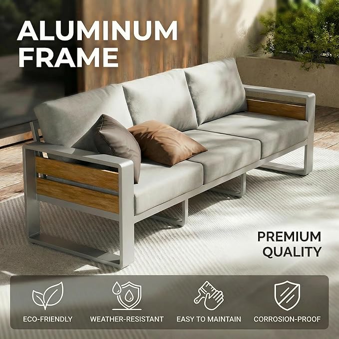 ZANDOR Outdoor Aluminum Patio Furniture - 1 Pcs 3-Seat, All-Weather Metal Modern Outside Sofa with Washable Thick Cushion for Garden/Backyard/Porch, Silver