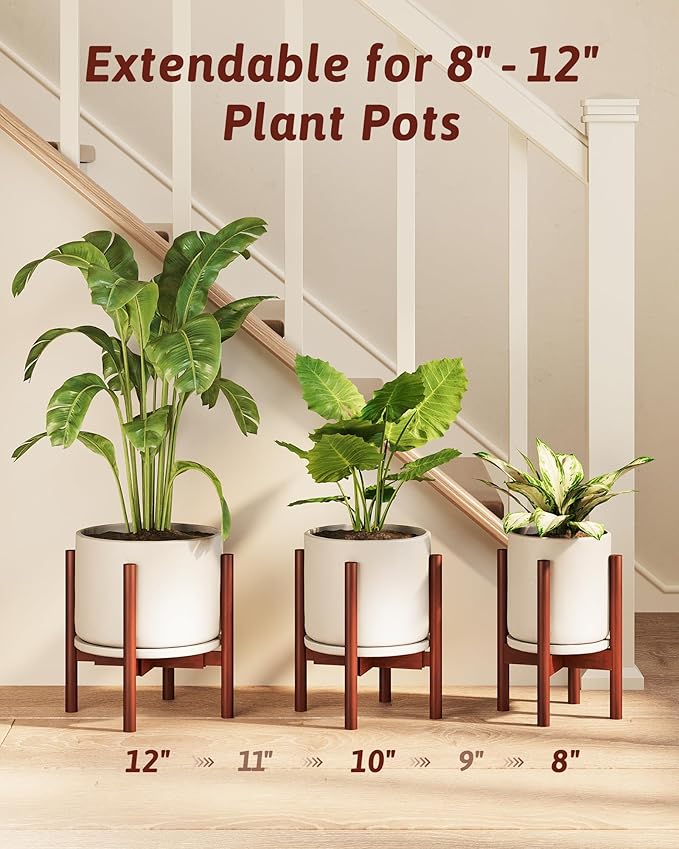 Adjustable Plant Stand Indoor, Bamboo Plant Stand Fits 8 9 10 11 12 Inches, Small Corner Planter Holder for Indoor Plants, Single Floor Plant Stands for Living Room Balcony, Reddish Brown