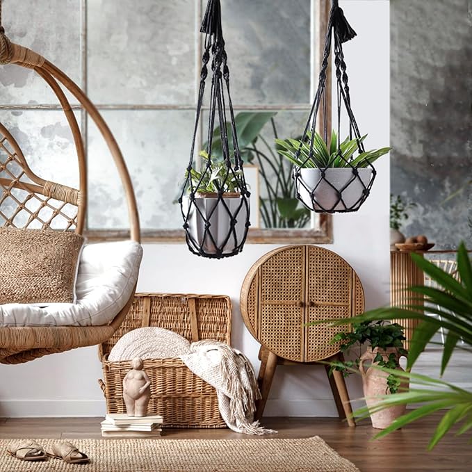Artilady Black Plant Hanger Macrame Hanging Planter for Indoor Boho Plants Holder with Hooks Hanging Plant Basket Outdoor Window Wall Plants Home Decor (Black Macrame-2pcs)