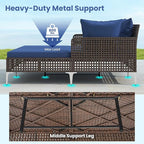 Tangkula Outdoor Rattan Double Daybed, Boho Wicker Chaise Lounge for 2 with Seat & Back Cushions, Outdoor Sunbed Loveseat with Metal Support for Backyard, Poolside & Deck (Navy)