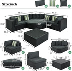 Merax 7-Piece Outdoor Wicker Sectional Sofa Set,Modular Rattan Conversation Set with Gray Cushions,Striped Green Pillows & Tempered Glass Coffee Table for Patio,Garden,Deck,Black
