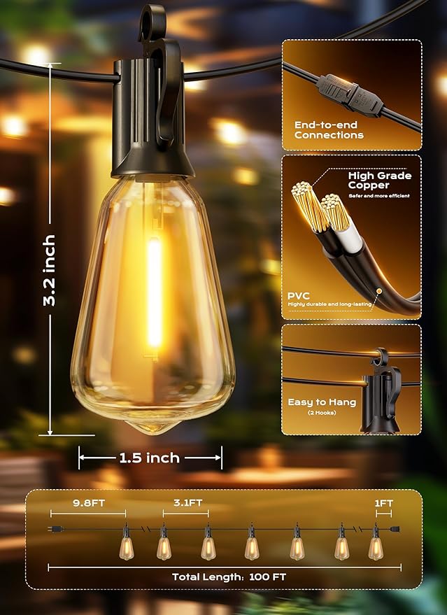 String Lights 100ft Outdoor LED Patio Lights, 32 Warm White Bulbs