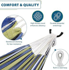 Vivere Double Cotton Hammock with Space Saving Steel Stand, Upgraded Polyester End Strings 450 lb Capacity - Premium Carry Bag Included - USA Grown Cotton (Oasis)