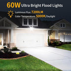 60W LED Flood Light Outdoor with 6ft Plug, 7200LM Brighter Exterior Security Lights, 5000K Daylight Floodlights, IP66 Waterproof for Yard, Garage, Workshop, Lawn, 2 Pack