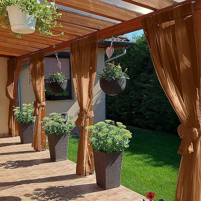 SpaceDresser Waterproof Outdoor Sheer Curtains for Patio - 4 Panels Rod Pocket Indoor Voile Sheer Curtain for Living Room,52W x 108L inch, Brown