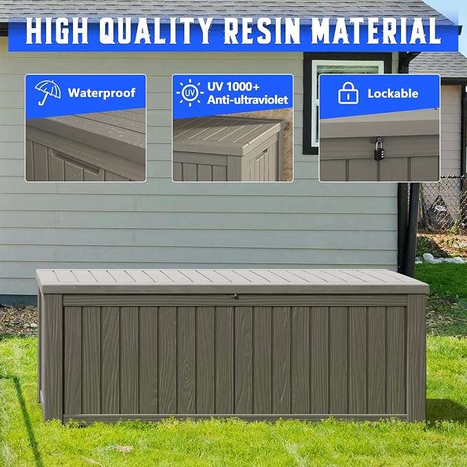 Deck Box, Grey Resin Outdoor Storage Box with Lockable Lid