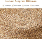 Wimarsbon Ottoman Natural Seagrass Foot Rest Stool Hand Weave Round Foot Stool Pouf Boho Vanity Stools with Non-Skid Mat for Living Room Bedroom Hallway