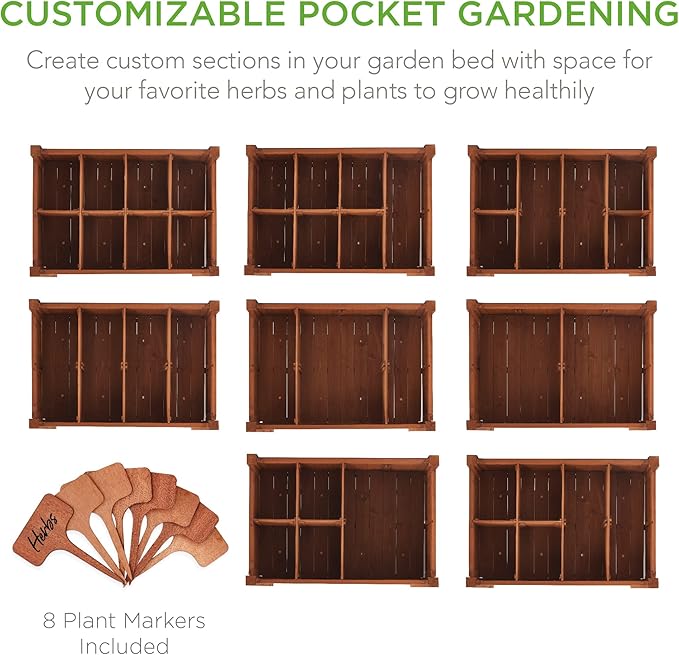 Best Choice Products Elevated 8 Pocket Herb Garden Bed, Mobile Raised Customizable Wood Planter for Herbs, Vegetables, Flowers w/Lockable Wheels, Storage Shelf, Drainage Holes - Acorn Brown