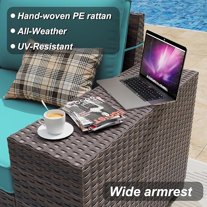 ALAULM 7 Pieces Patio Furniture Set with Fire Pit Table 55000BTU, Oversized Seat/Armrest and High Back Wicker Conversation Set with Thick Cushion for Backyard, Garden, Turquoise
