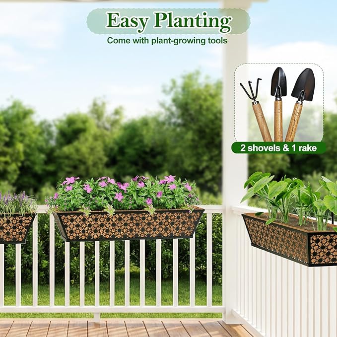 SPECILITE 30" Window Boxes Planters, Heavy Duty Metal Railing Planter Boxes, Adjustable Balcony Planters for Railing Hanging, with Coco Liner & Tool Set for Deck, Porch, and Patio Gardening (4 Pack)