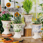 Sungmor Small Ceramic Urn Planter - Grey Scroll Floral Pedestal Flower Pot, Decorative Vintage Chinoiserie Style Planters, Tuscan Accent Vase Indoor Outdoor Plant Holder with Drainage