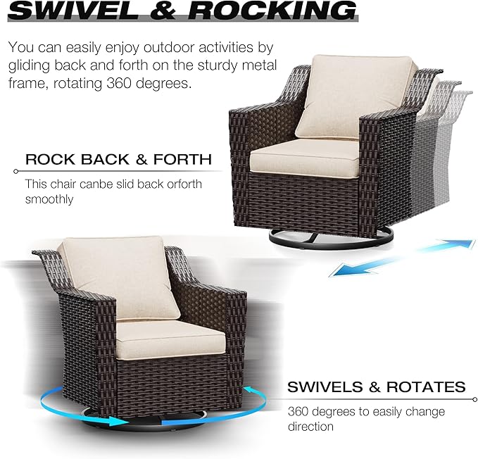 Joyside Wicker Patio Furniture Sets, 5 Pieces Upgraded Large Size Outdoor Furniture with Swivel Rocking Patio Chairs, 3-Seat Sofa, Fire Table, Coffee Table, Thick Cushions, Wide Armrest, Beige
