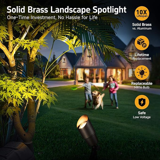 Gardenreet Brass Landscape Lighting - Outdoor Low Voltage Spotlights LED, 12V Wired Uplights, Waterproof Spot Lights Antique Bronze for Outside Trees Without MR16 Bulb (4 Pack)