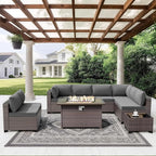ALAULM 10 Pieces Patio Furniture Set with Propane Fire Pit Table Outdoor Sectional Sofa Sets Patio Furniture 43" Gas Fire Pit Brown PE Rattan Patio Conversation Set w/8 Seat Cushions (Grey)