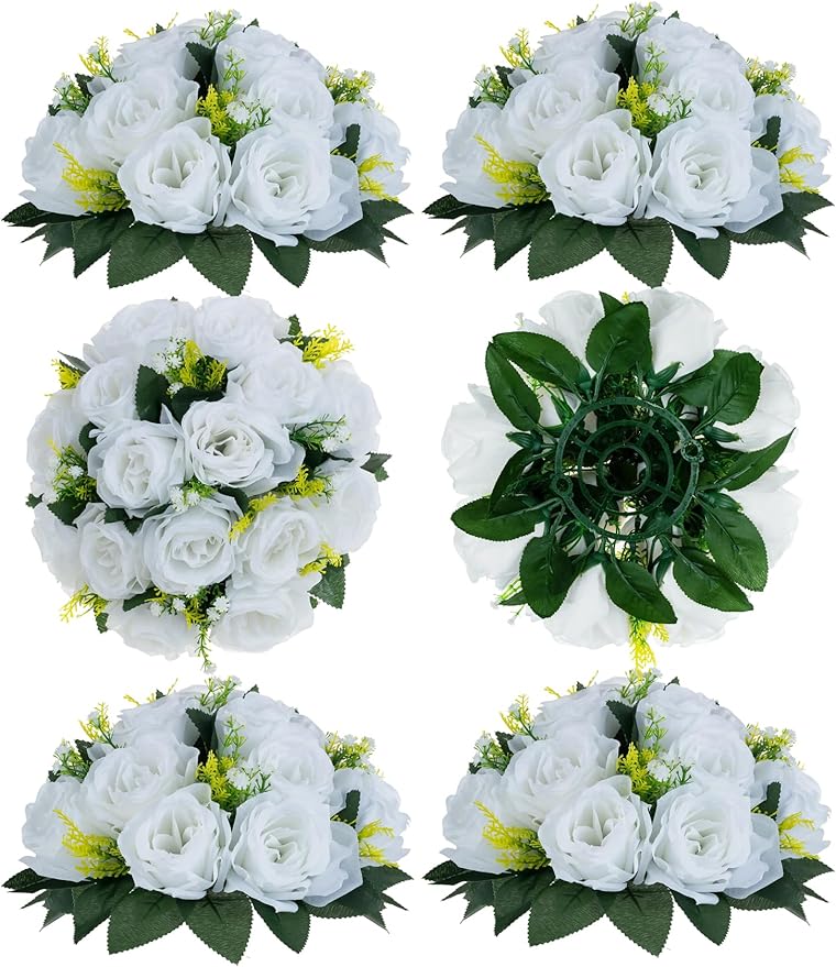 Artificial Flowers White Silk Rose Ball Centerpieces with Plastic Base