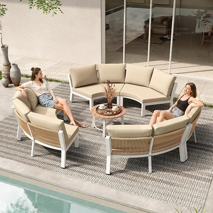 Outdoor Patio Sectional Modular Sofa, Aluminum 1 Piece Curved Patio Couch with Washable Cushions, All Weather PE Rope Sofa for Backyard,Porch, Deck, Poolsid, White