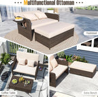 LDAILY Moccha Outdoor Daybed, Wicker Loveseat Sofa Set with 4-Postion Adjustable Backrest, Storage Ottoman, Cushions, Rattan Double Bed Lounger, Patio Furniture Set (Beige)