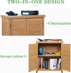 Outdoor Potting Bench with Storage Cabinet and Metal Top, Wood Workstation for Outdoor Patio, Garden (Light Brown, 31x17x36‘’)