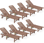 SERWALL Outdoor Chaise Lounge Set of 8, HDPE Pool Lounge Chairs with 5-Position Adjustable Backrest, Patio Loungers with Rolling Wheels & Cup Holder for Pool Sunbathing, Brown