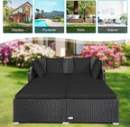 RELAX4LIFE Rattan Patio Outdoor Daybed, Wicker 2-Person Sunbed Loveseat with Soft Cushions, 4 Pillows, Curved Backrest & Armrest, Double Bed Lounger Sofa Set for Balcony Porch, Patio Bed (Black)