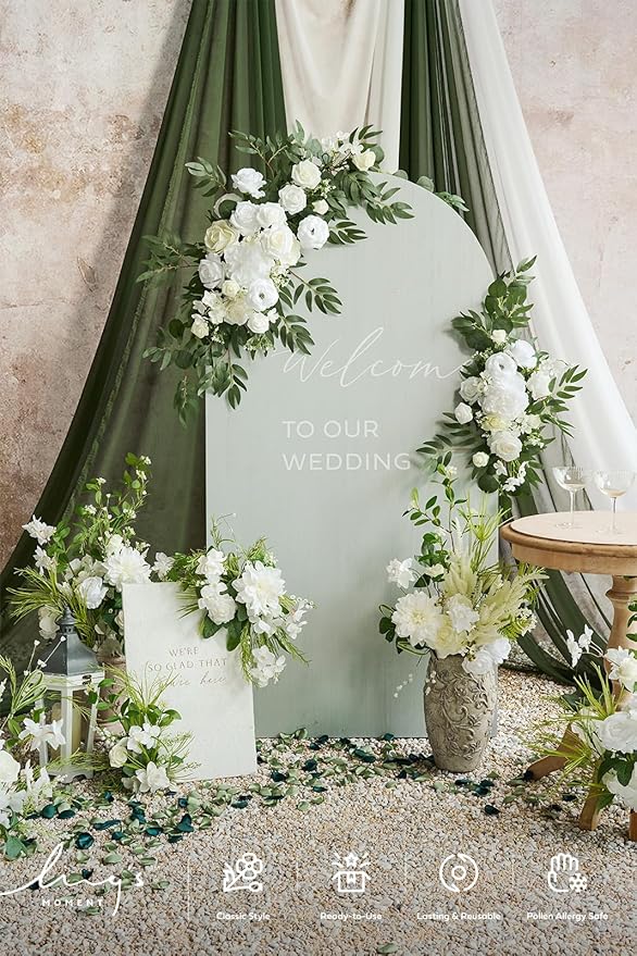 Artificial Wedding Arch Flowers, 4-Piece Silk Floral Set in White & Sage