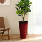 Glitzhome 23.75" H Tall Outdoor Planter, Set of 2 Wavy Texture Red Large Planters for Outdoor Plants, with Drainage Hole, Plastic Round Decorative Tall Flower Pots for Indoor Outdoor, Front Porch