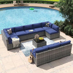 Aoxun 11 Piece Patio Furniture Set Wicker Rattan Patio Conversation Set Outdoor Sectional Sofa Set with Coffee Table and Thickened Cushions, Gray/Blue(Waterproof Cover Included)