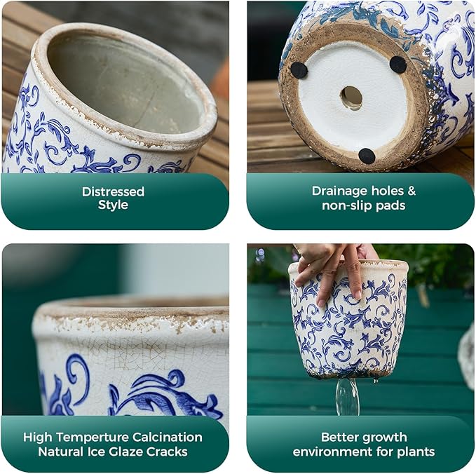 Vintage Ceramic Planter with Drainage Hole, Plastic Tray & Mesh, 6.5 Inch - Indoor/Outdoor Flower Pot, Blue Floral Rustic Farmhouse Design Plant pot for Home, Office & Garden Décor, Ideal Gift