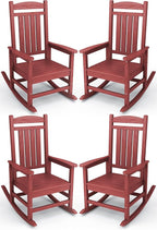 KINGYES HDPE Outdoor Rocking Chair Set of 4, All-Weather Poly Patio Rocking Chairs with 330lbs Support for Adults, Dark Red