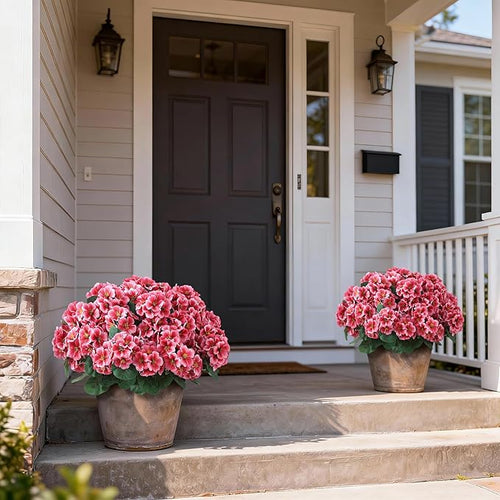 2 Pack Artificial Geranium Flowers Topitary Trees for Outdoors, UV Resistant Geraniums Potted Bushes Look Real Silk Faux Plants for Front Door Garden Porch Planter Farmhouse Home Decor (Peach Red)