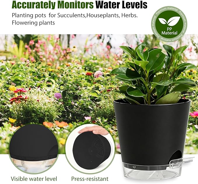 Plant Pots 8 Inch Self Watering Pots, 2 Pack Plastic Planters with Drainage Holes and Clear Saucers,Plastic Flower Pots for Indoor Out Door Plants (Black)