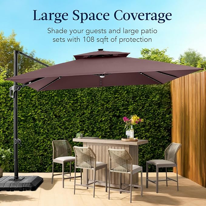 Best Choice Products 9x12ft LED Cantilever Patio Umbrella w/Base Included & 360° Rotation, Large Solar Offset Hanging Outdoor Sun Shade for Deck, Backyard Table w/Stand & Lights – Deep Taupe
