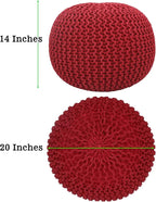 COTTON CRAFT - Hand Knitted Cable Style Dori Pouf - Red - Floor Ottoman - Cotton Braid Cord - Handmade & Hand Stitched - Truly one of a Kind Seating - 20 Dia x 14 High