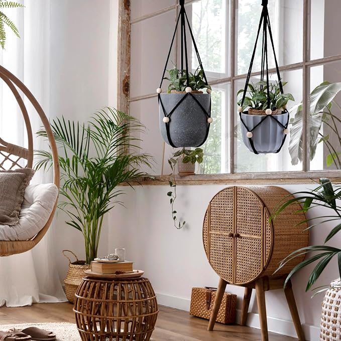 Artilady Black Hanging Planter for Indoor Plants Macrame Plant Hanger Large Hanging Plant Holder Basket with Adjustable Beads Outdoor Window Boho Plant Wall Decor (Black Bead-2pcs)