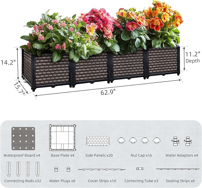Large Planters for Outdoor Plants 14" Tall Planter Box, Raised Beds for Gardening Self Watering, Elevated Planter Box with Legs, Rectangular Garden Planters for Outdoor Plants Flowers, 62.9"L x 15.7"W