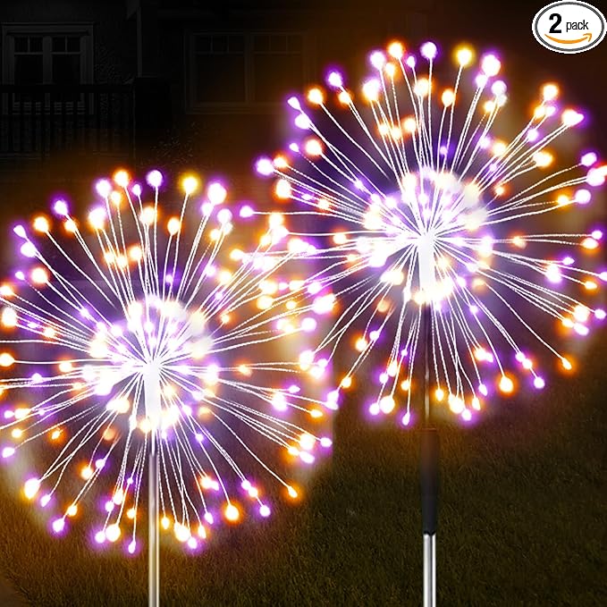 JJGoo Solar Firework Lights, 2 Pack 120 LEDs 2 Lighting Modes Solar Garden Lights Outdoor Waterproof for Yard Patio Walkway Pathway Party Wedding Christmas Decorative - Orange and Purple