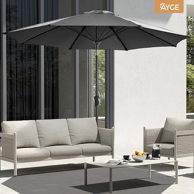 Ayge 9FT Large Outdoor Patio Umbrella Market Table Umbrella-UV Resistant, Easy Push Button Tilt and Crank, 8 Sturdy Fiberglass Ribs Heavy-Duty Pool Umbrella for Deck, Backyard,Garden,Black