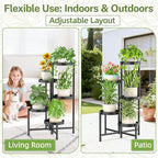 iDavosic.ly Plant Stand with Garden Tools, 5 Tier Corner Metal Flower Display Holder Shelf Indoor Outdoor, Easy Assembly Folding Tall Orchid Rack for Patio Balcony Porch Living Room House, Black